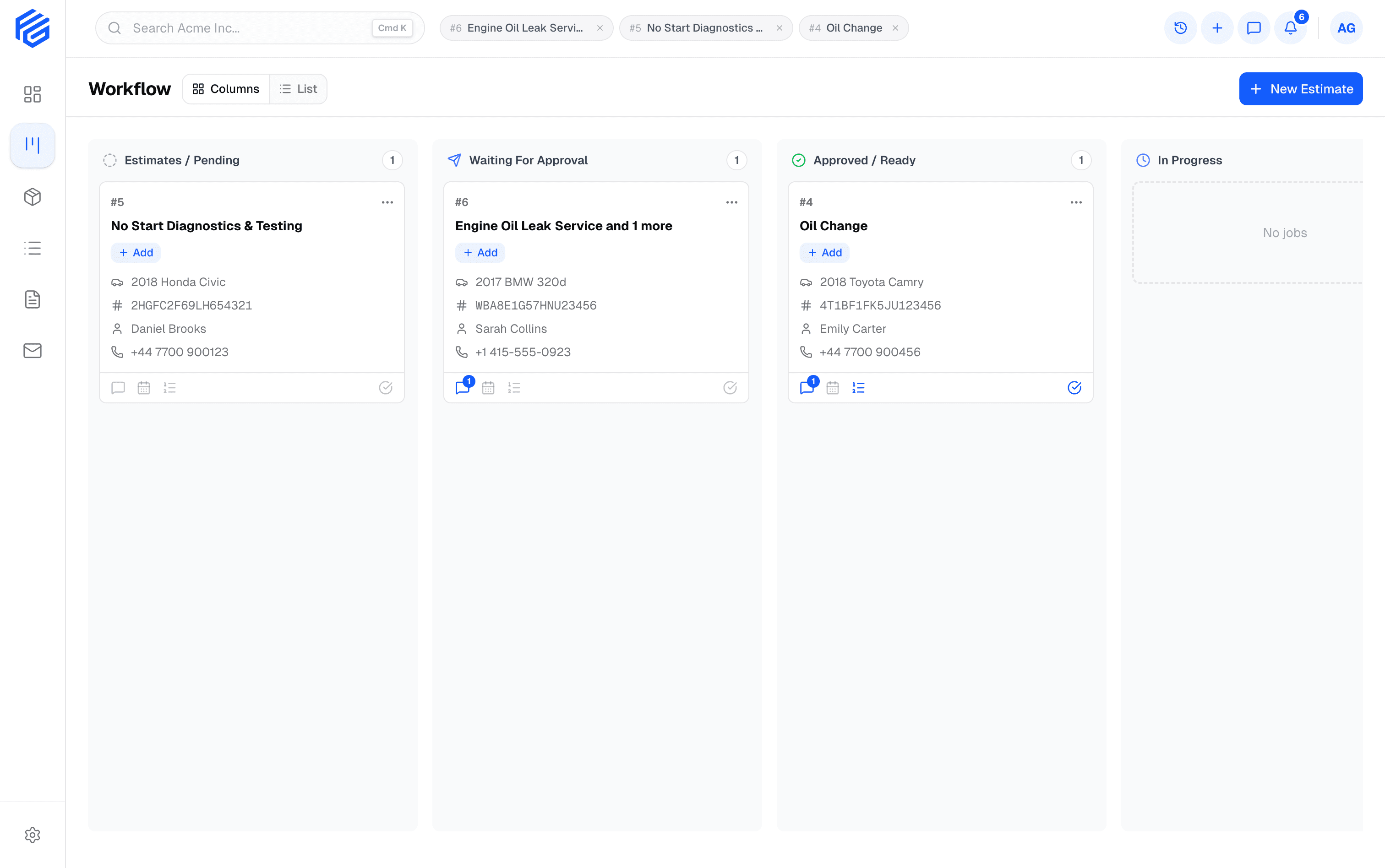 GarageFlow workflow dashboard