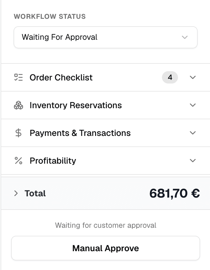 GarageFlow order sidebar showing workflow status, order total and customer approval