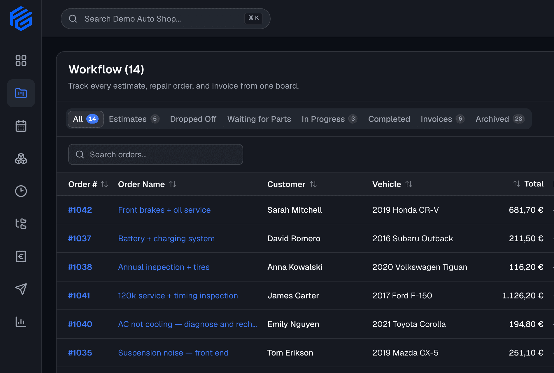 The GarageFlow workflow board in list view: fourteen repair orders with their customer, vehicle and total.