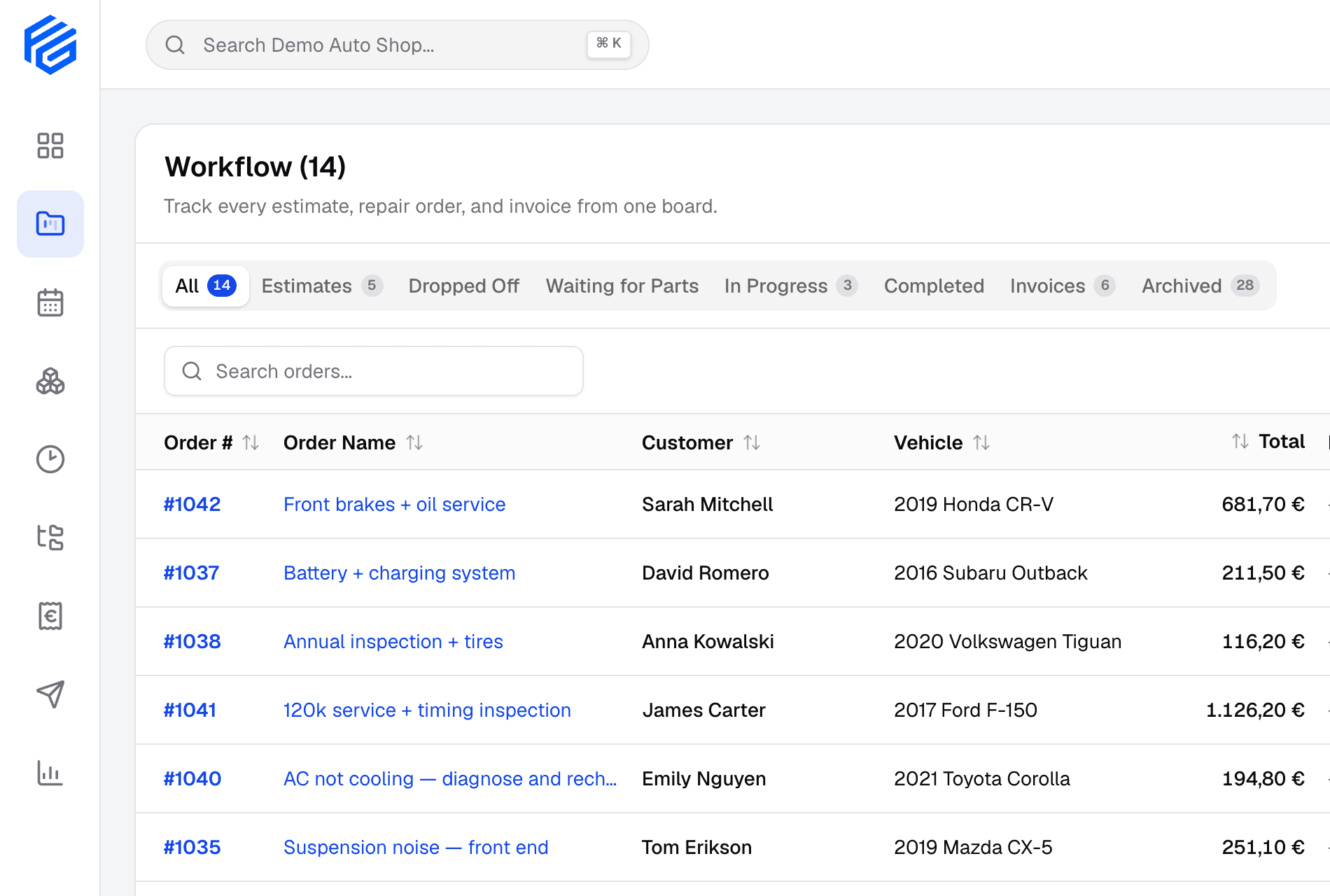 The GarageFlow workflow board in list view: fourteen repair orders with their customer, vehicle and total.
