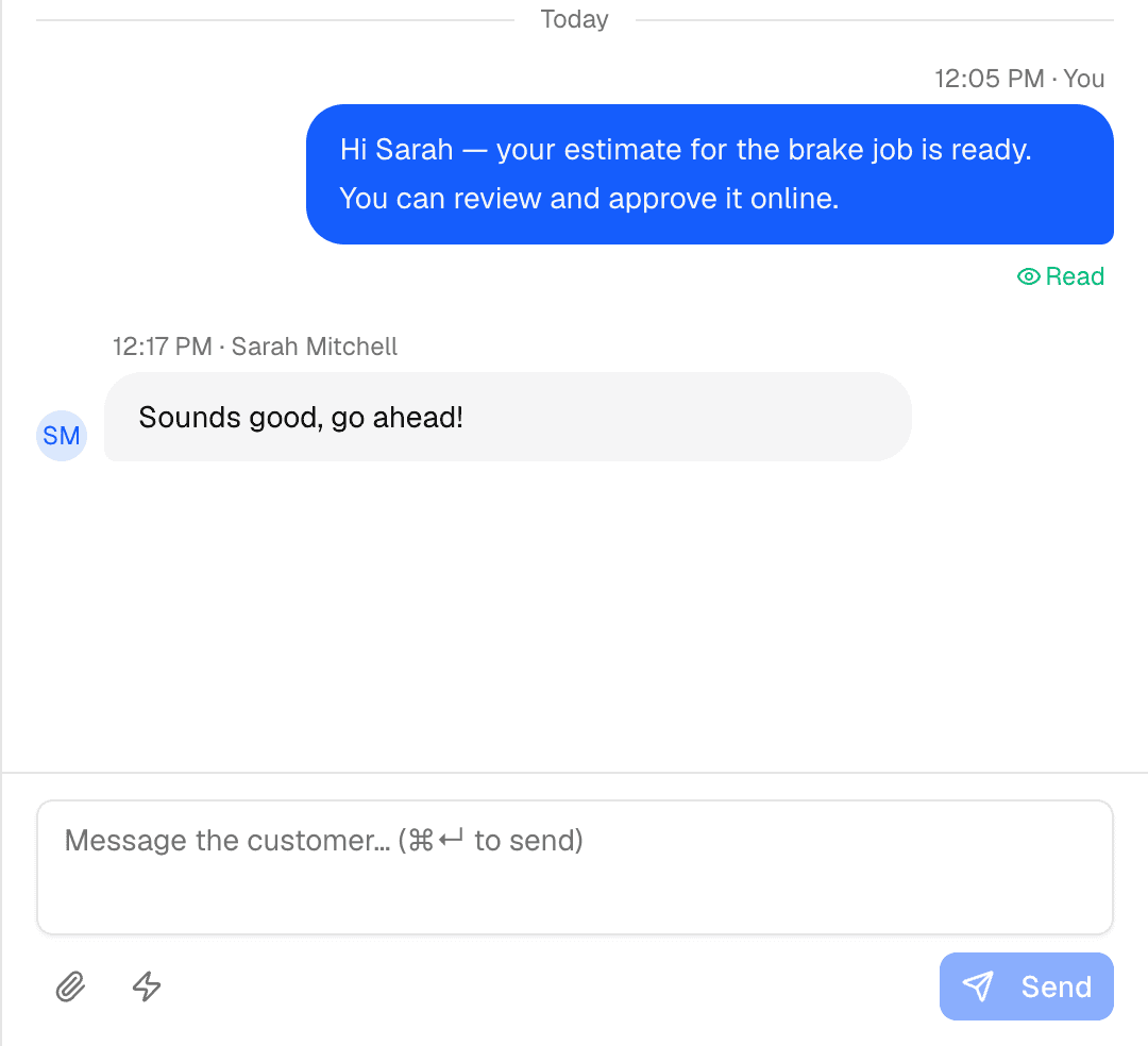 GarageFlow customer conversation — estimate sent and approved by the customer