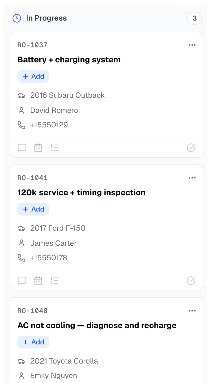 GarageFlow workflow board column with repair orders in progress